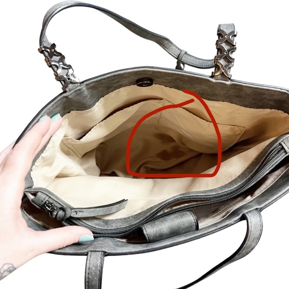 Grey Charming Charlie Large Double Handle Tote Bag Silver Beaded Detail Purse - Picture 6 of 16